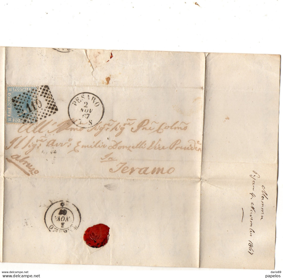 1867  LETTERA CON ANNULLO PESARO + TERAMO - Storia Postale