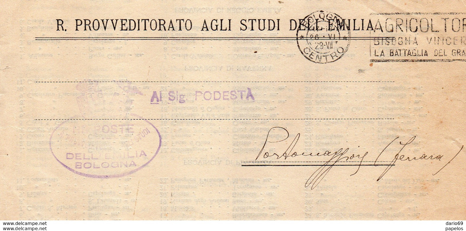 1929 LETTERA CON ANNULLO  BOLOGNA - PROVVEDITORATO AGLI STUDI - Marcofilía