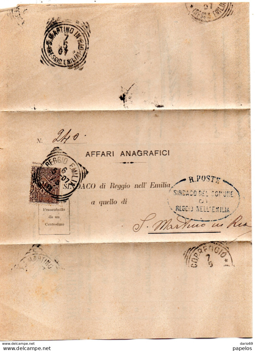 1907 LETTERA CON ANNULLO REGGIO + S. MARTINO IN RIO + CORREGGIO - Marcophilie