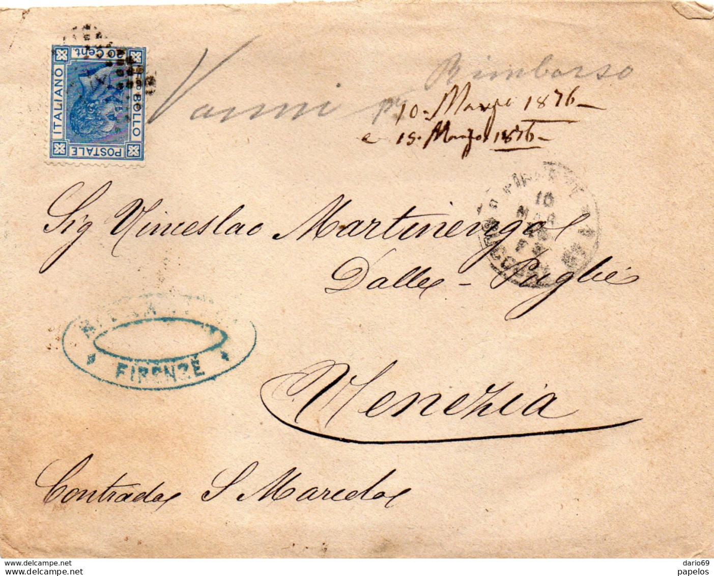 1876 LETTERA CON ANNULLO NUMERALE FIRENZE + VENEZIA - Marcophilia