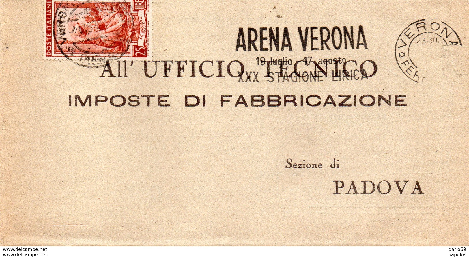 1952 Lettera Con Annullo Verona + Targhetta Arena Di Verona - 1946-60: Marcophilie