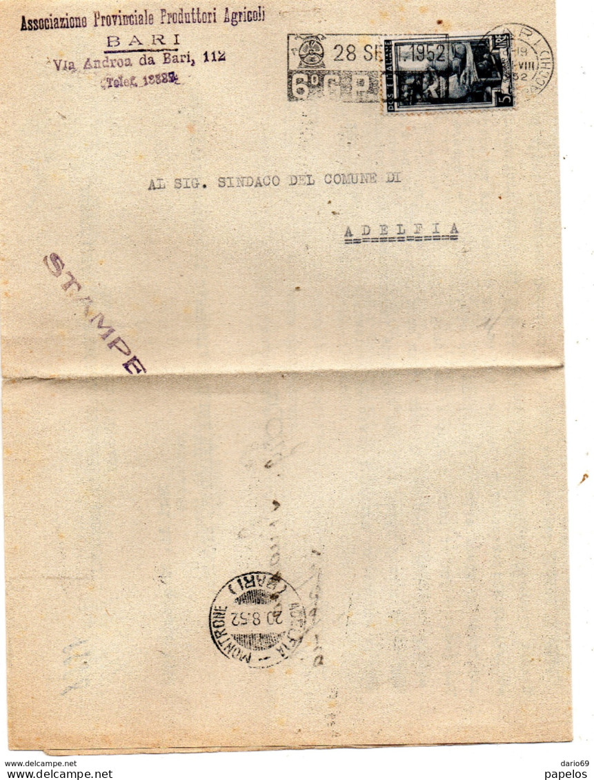 1952 LETTERA CON ANNULLO BARI + TARGHETTA + ADELFIA - 1946-60: Marcofilie