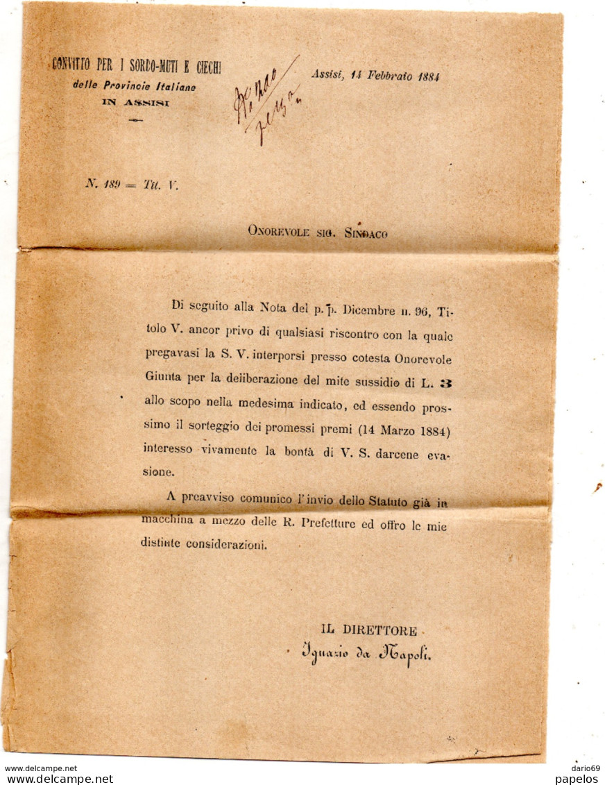 1883  LETTERA INTESTATA CONVITTO PER I SORDOMUTI E CIECHI CON ANNULLO ASSISI - Marcophilie