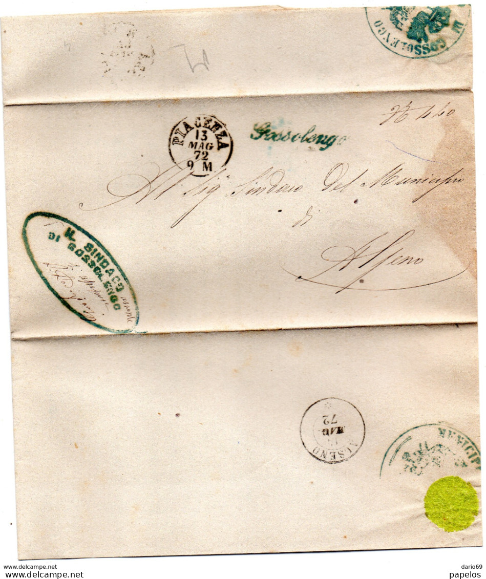 1872  LETTERA CON ANNULLO PIACENZA + IN  CORSIVO  GOSSOLENGO - Storia Postale