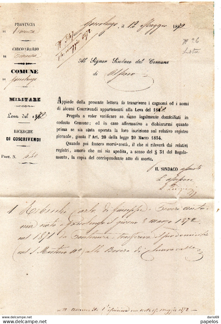 1872  LETTERA CON ANNULLO PIACENZA + IN  CORSIVO  GOSSOLENGO - Marcophilia