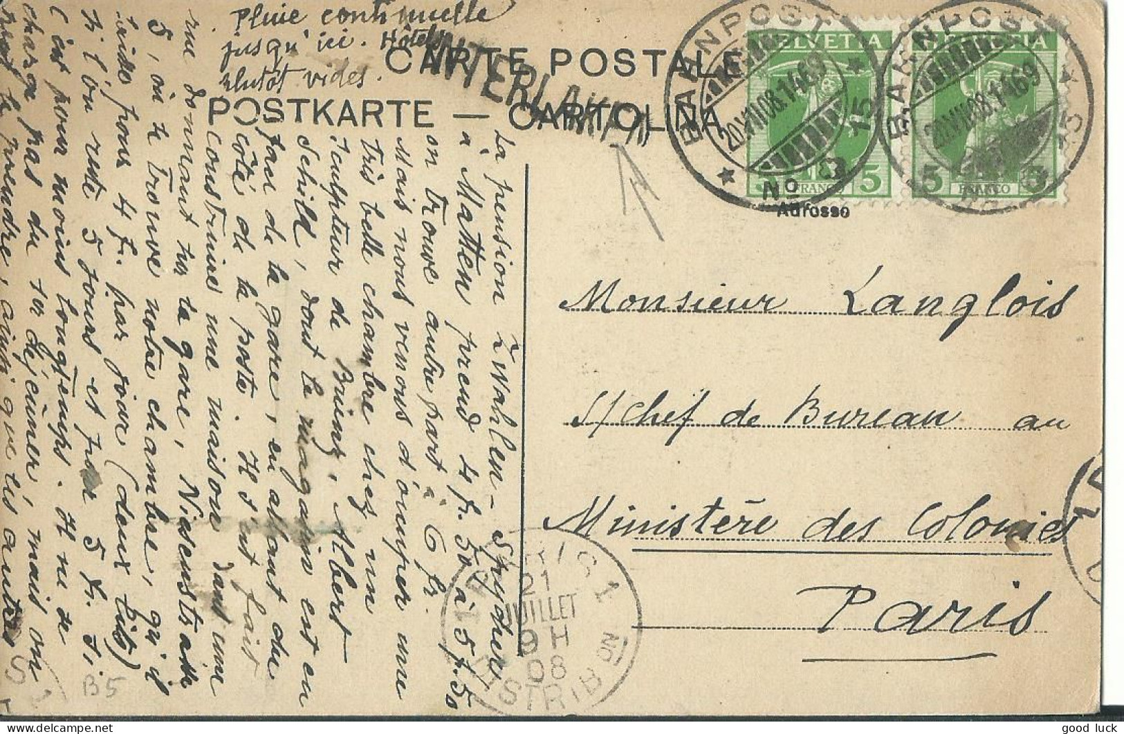 SUISSE CARTE 10c MARQUE LINEAIRE INTERLAKEN + AMBULANT N°15  POUR PARIS DE 1908 LETTRE COVER - Storia Postale