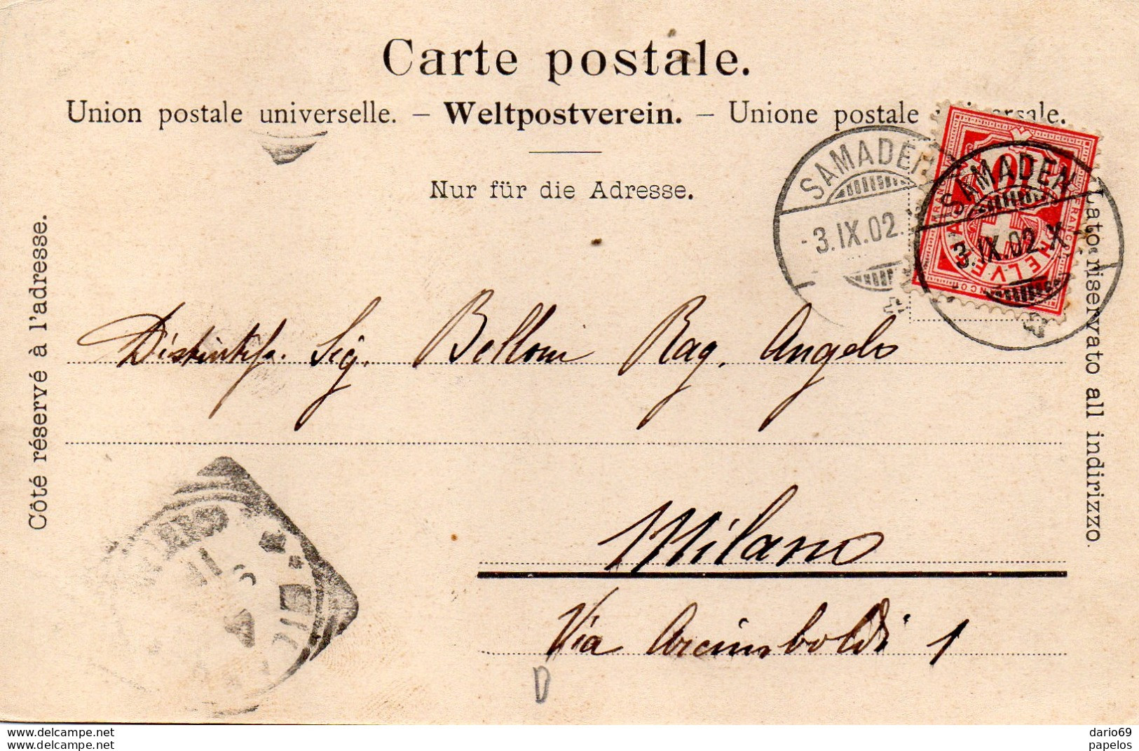 1902 CARTOLINA CON ANNULLO SAMADEN SVIZZERA - Storia Postale