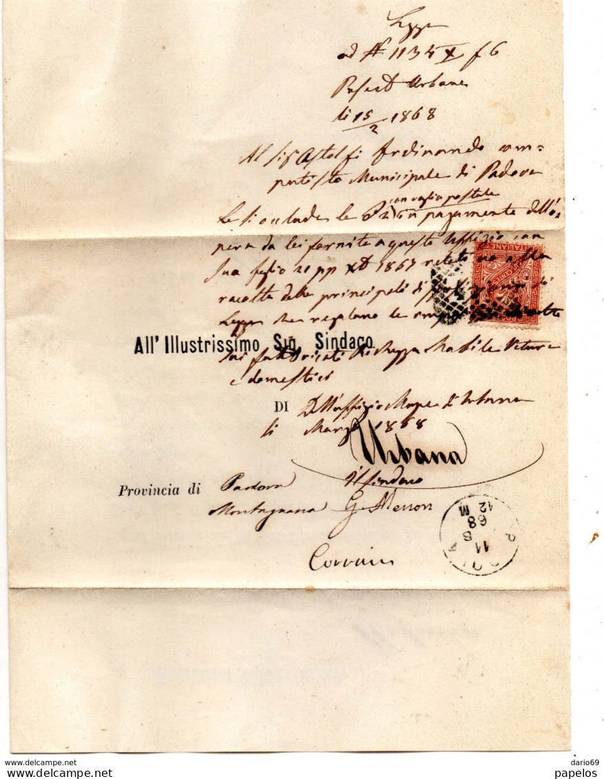 1868 LETTERA CON ANNULLO NUMERALE A PUNTI PADOVA - Marcophilie