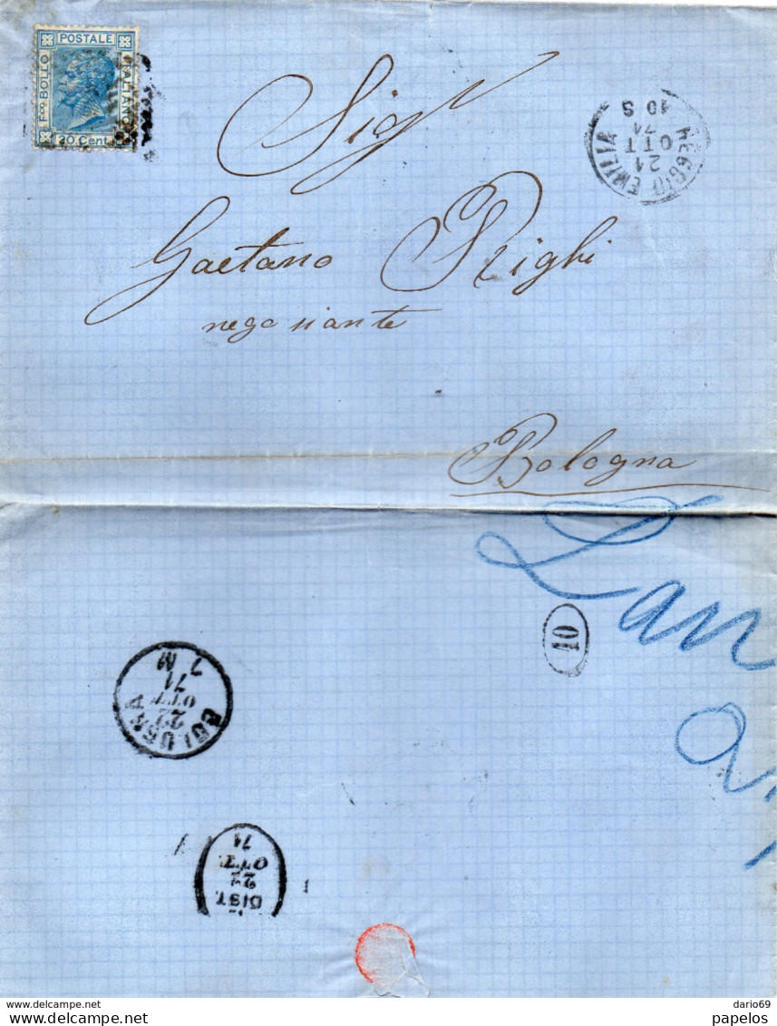 1871  LETTERA CON ANNULLO  NUMERALE REGGIO EMILIA + BOLOGNA - Marcophilie