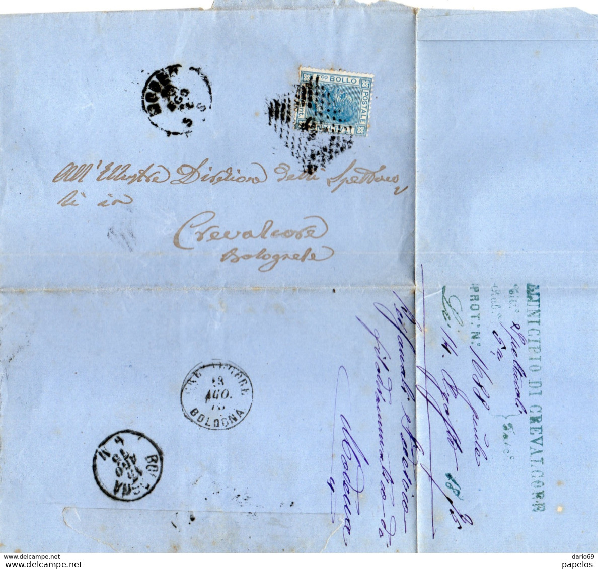 1875 LETTERA CON ANNULLO NUMERALE BOLOGNA + CREVALCORE - Marcofilía