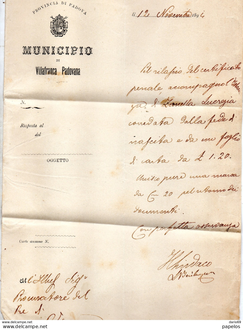 1894  LETTERA CON ANNULLO VICENZA X VILLAFRANCA PADOVANA - Marcofilie