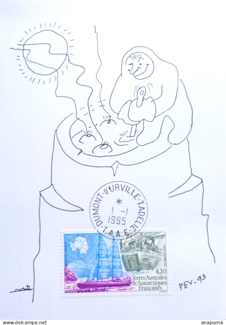 1 Carte Dessinée Par Paul Emile Victor, PEV+1 Carte Antarctica + 1 Pli, Erebus, Etienne, Terre Adélie - Covers & Documents