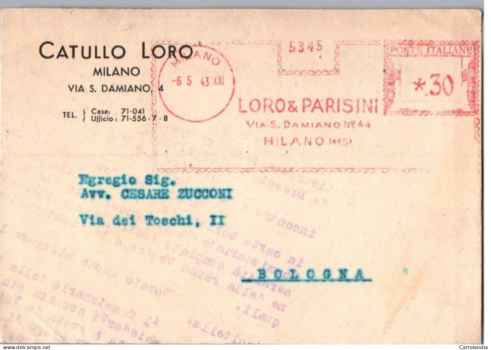 ITALIA 1943  -   Annullo Meccanico Rosso (EMA)   Loro & Parisini  Milano - Frankeermachines (EMA)