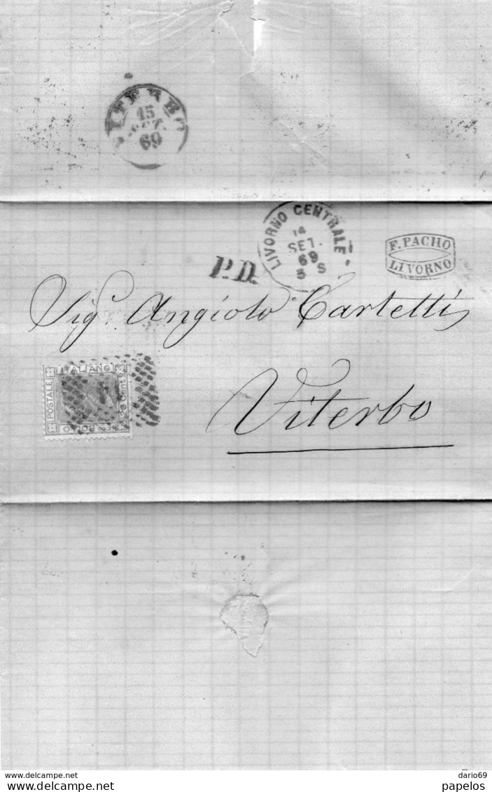 1869 LETTERA INTESTATA CON ANNULLO NUMERALE LIVORNO - Marcofilie