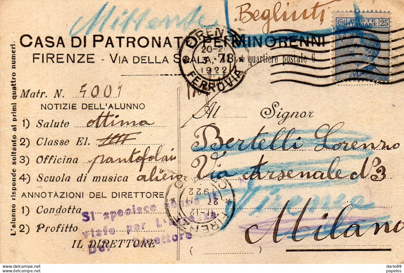 1922 CARTOLINA INTESTATA PIA CASA DI PATRONATO PER I MINORENNI CON ANNULLO FIRENZE - Poststempel