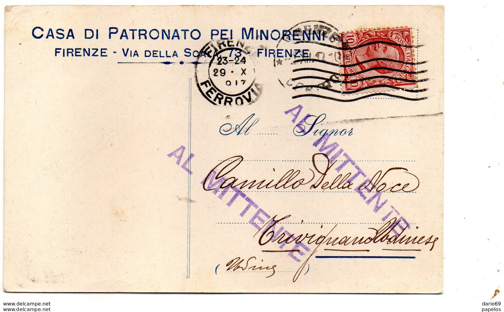 1917 CARTOLINA INTESTATA PIA CASA DI PATRONATO PER I MINORENNI CON ANNULLO FIRENZE - Marcofilie