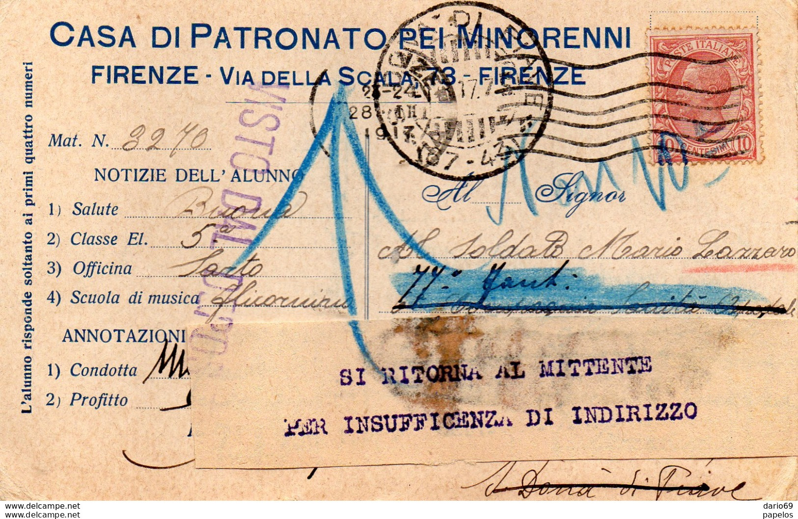 1917 CARTOLINA INTESTATA PIA CASA DI PATRONATO PER I MINORENNI CON ANNULLO FIRENZE - Marcofilie