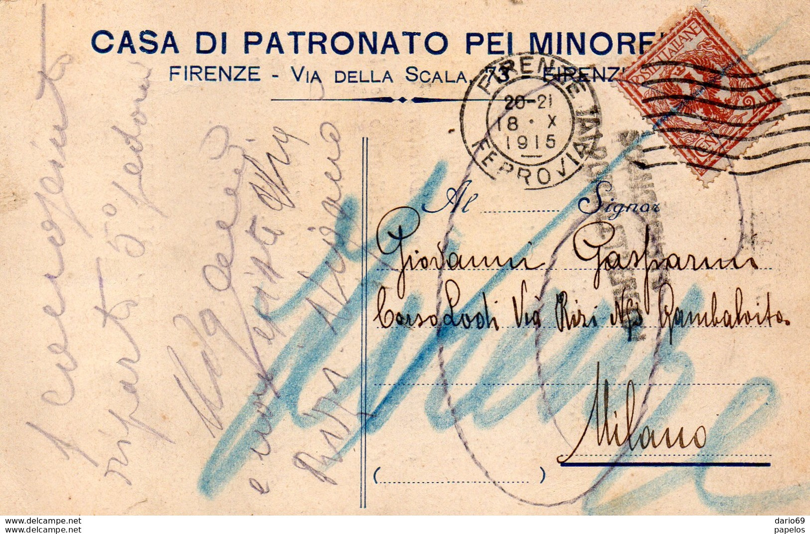 1915 CARTOLINA INTESTATA PIA CASA DI PATRONATO PER I MINORENNI CON ANNULLO FIRENZE - Marcophilie