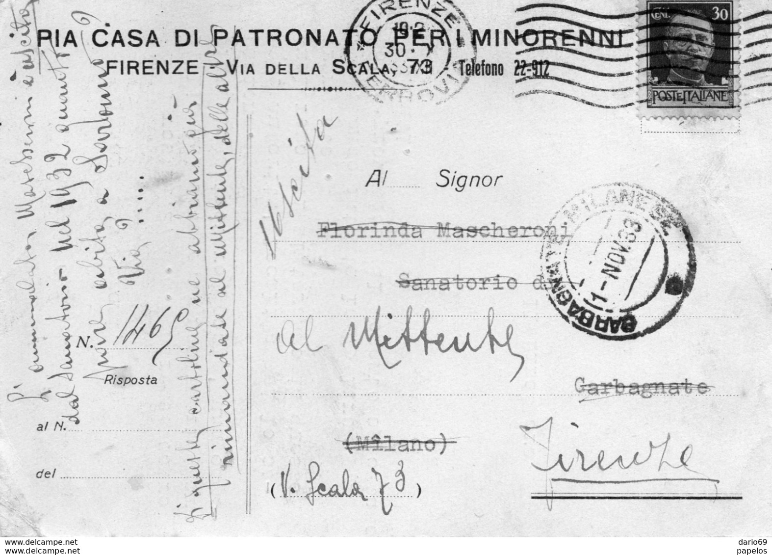 1933 CARTOLINA INTESTATA PIA CASA DI PATRONATO PER I MINORENNI CON ANNULLO FIRENZE - Marcophilie