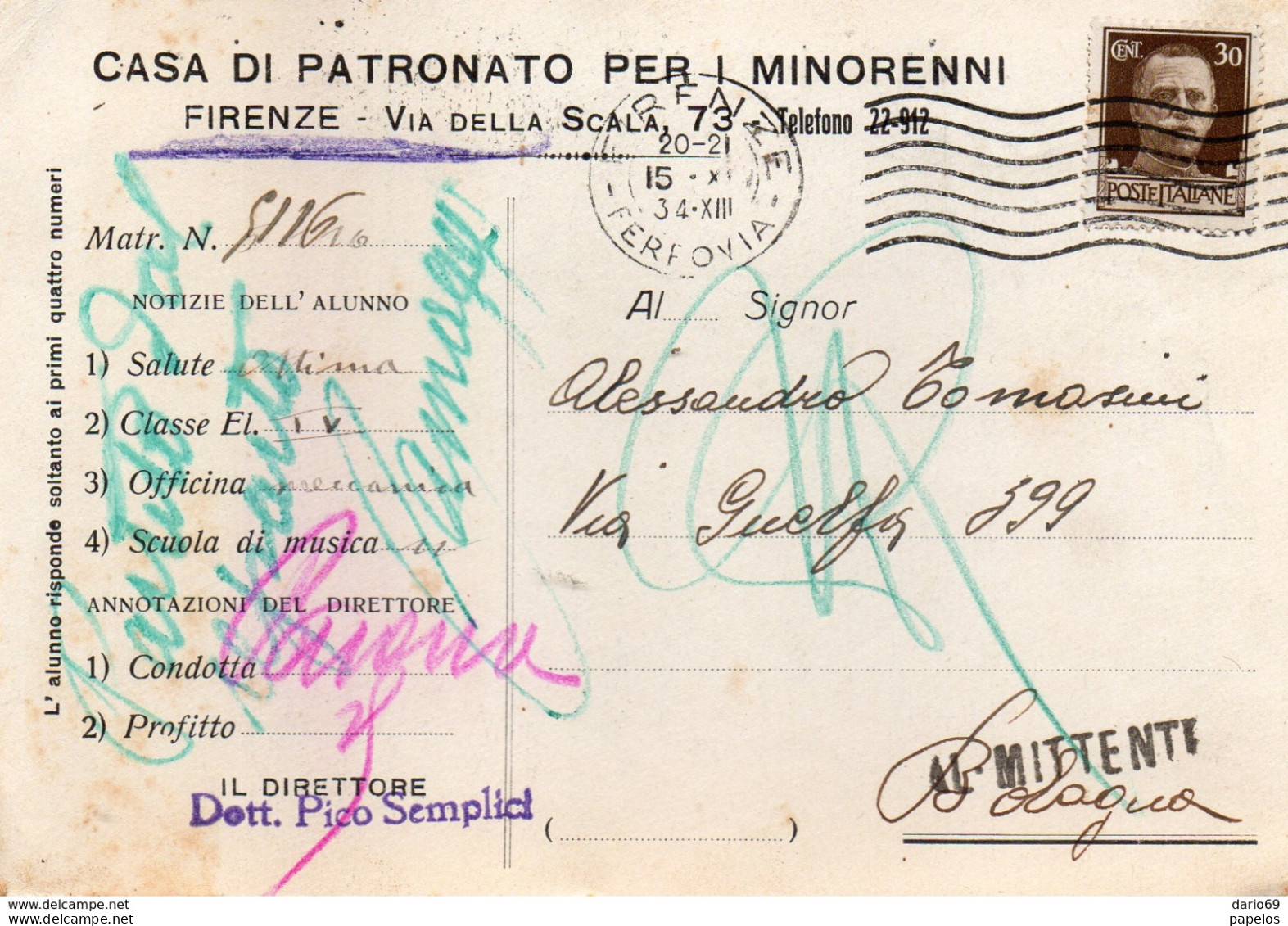 1934 CARTOLINA INTESTATA CASA DI PATRONATO PER I MINORENNI CON ANNULLO FIRENZE - Marcofilie