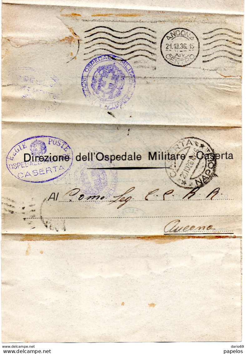 1936 LETTERA INTESTATA OSPEDALE MILITARE DI CASERTA CON ANNULLO ANCONA - Marcophilia