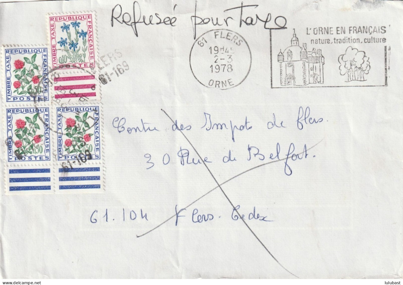 Lettre De Flers (Orne) Taxée à 1,60F. , Refusée - Griffe " FLERS /61-169." - 1960-.... Briefe & Dokumente