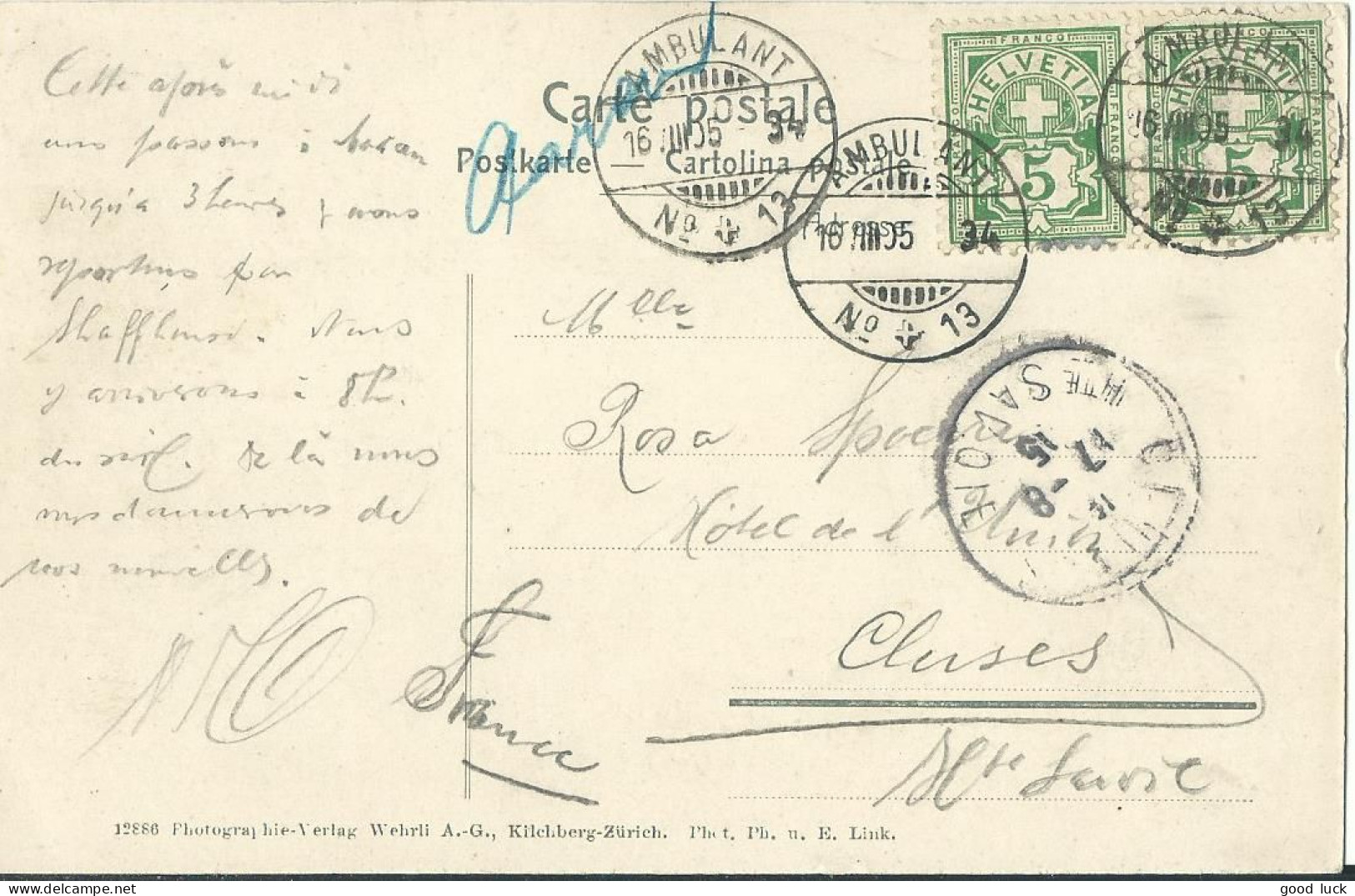 SUISSE CARTE 10c  AMBULANT N°13  POUR CLUSES ( HAUTE SAVOIE )  DE 1905 LETTRE COVER - Brieven En Documenten