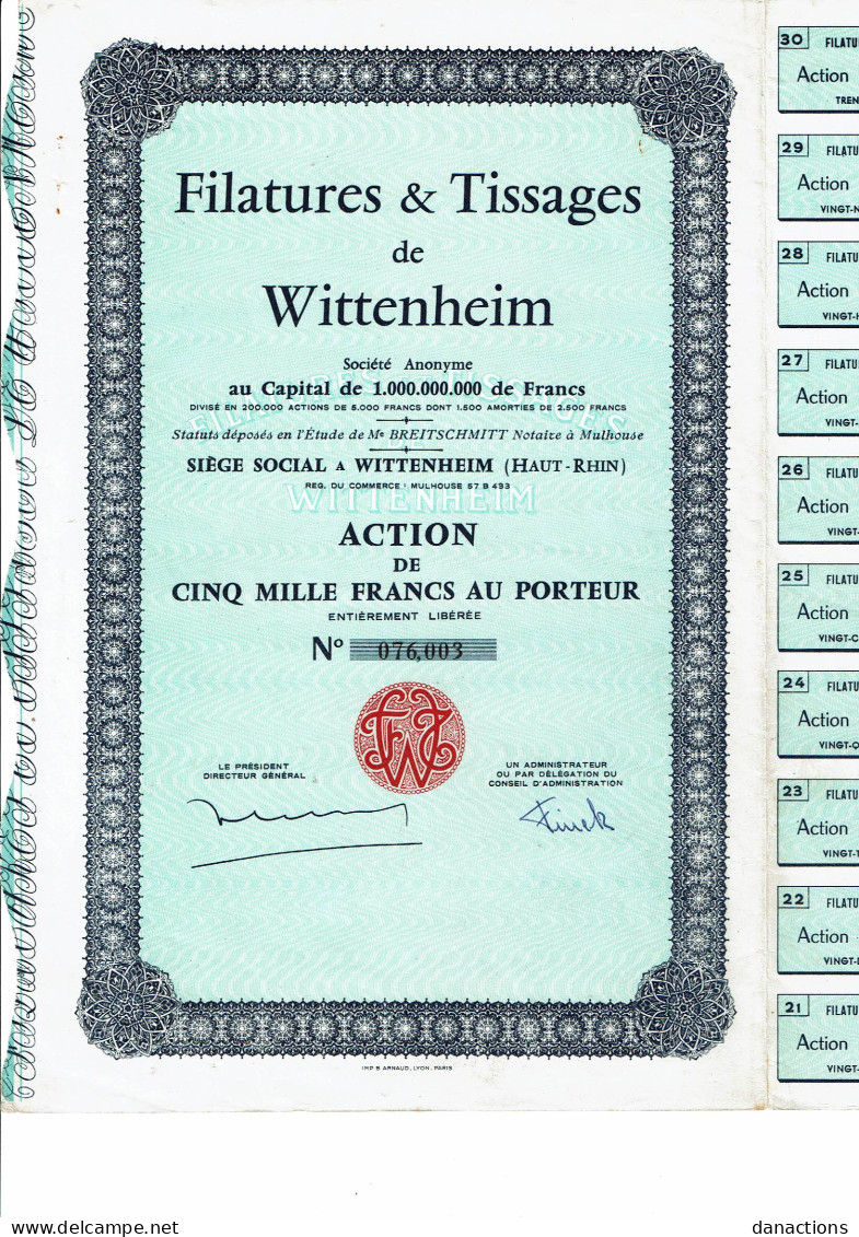68-FILATURES ET TISSAGES DE WITTENHEIM.  1957 - Autres & Non Classés