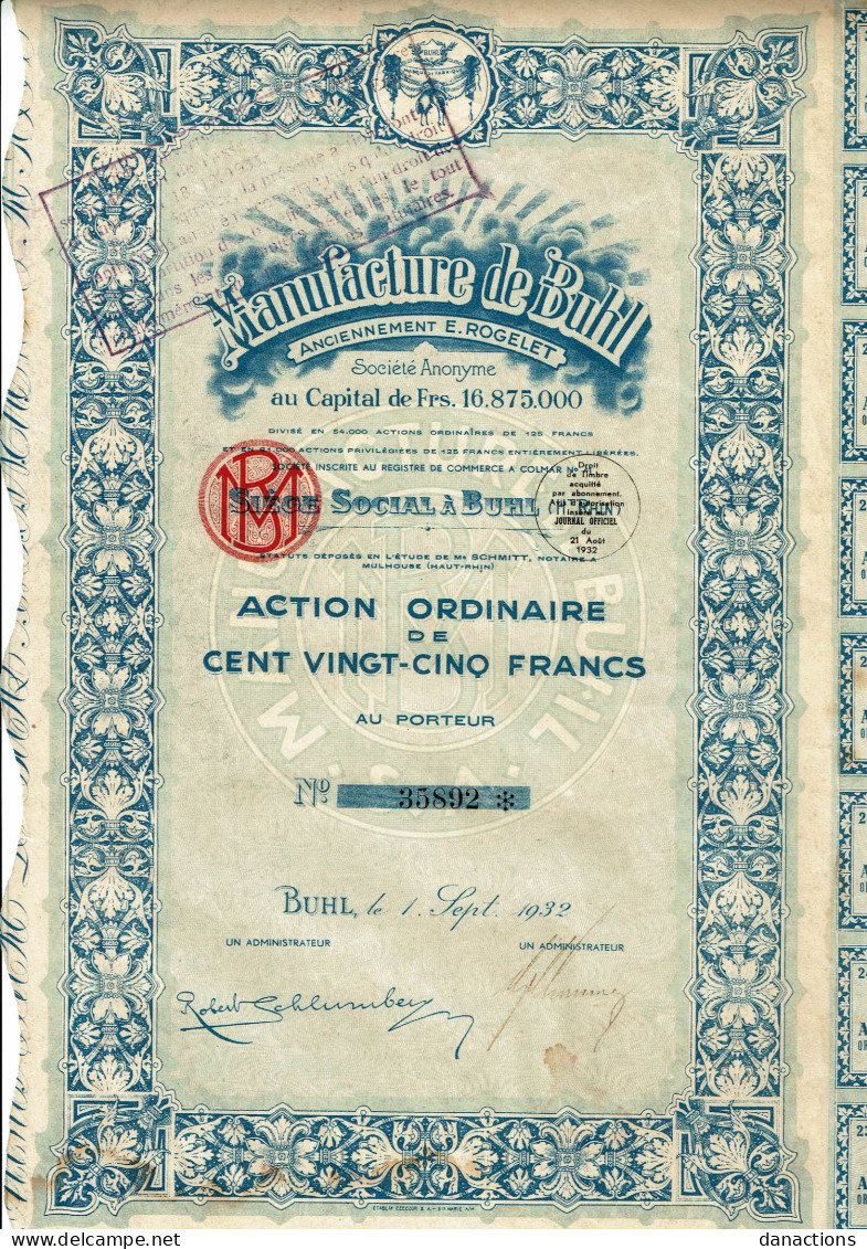 68-MANUFACTURE DE BHUL. Anct E. ROGELET.   Action Ordinaire. 1932  BHUL - Altri & Non Classificati