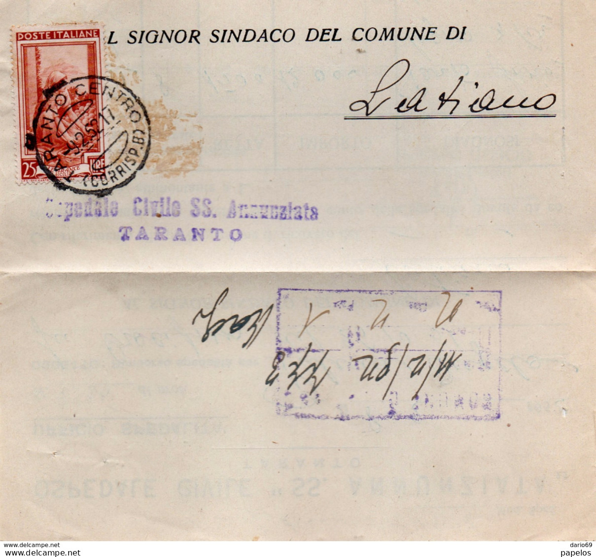 1952  LETTERA CON  ANNULLO  TARANTO - 1946-60: Marcophilie