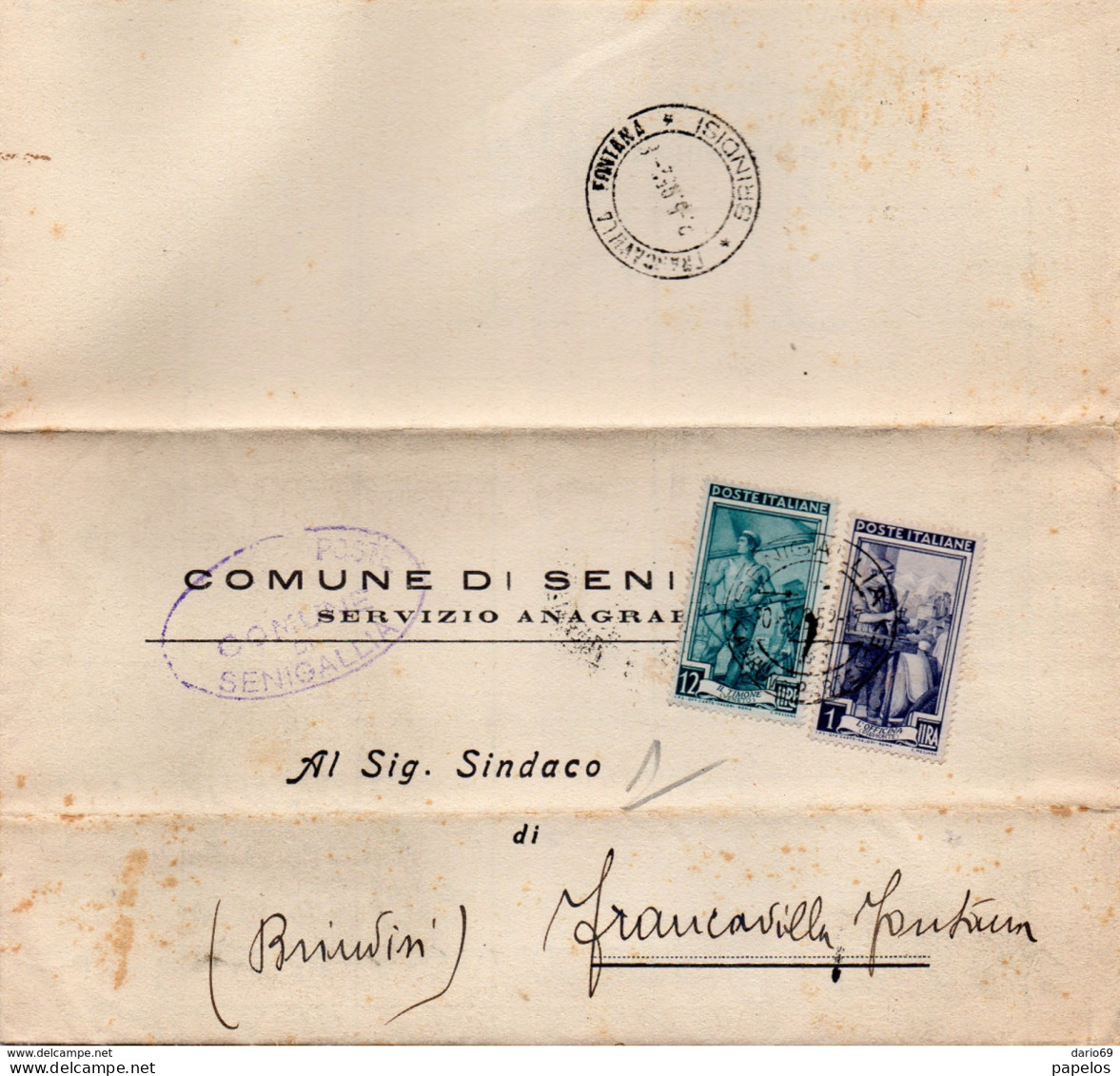 1952  LETTERA CON  ANNULLO  SENIGALLIA + FRANCAVILLA FONTANA BRINDISI - 1946-60: Poststempel