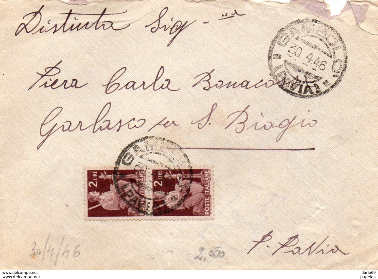 1946  LETTERA CON ANNULLO GAMBOLO PAVIA - 1946-60: Marcophilie