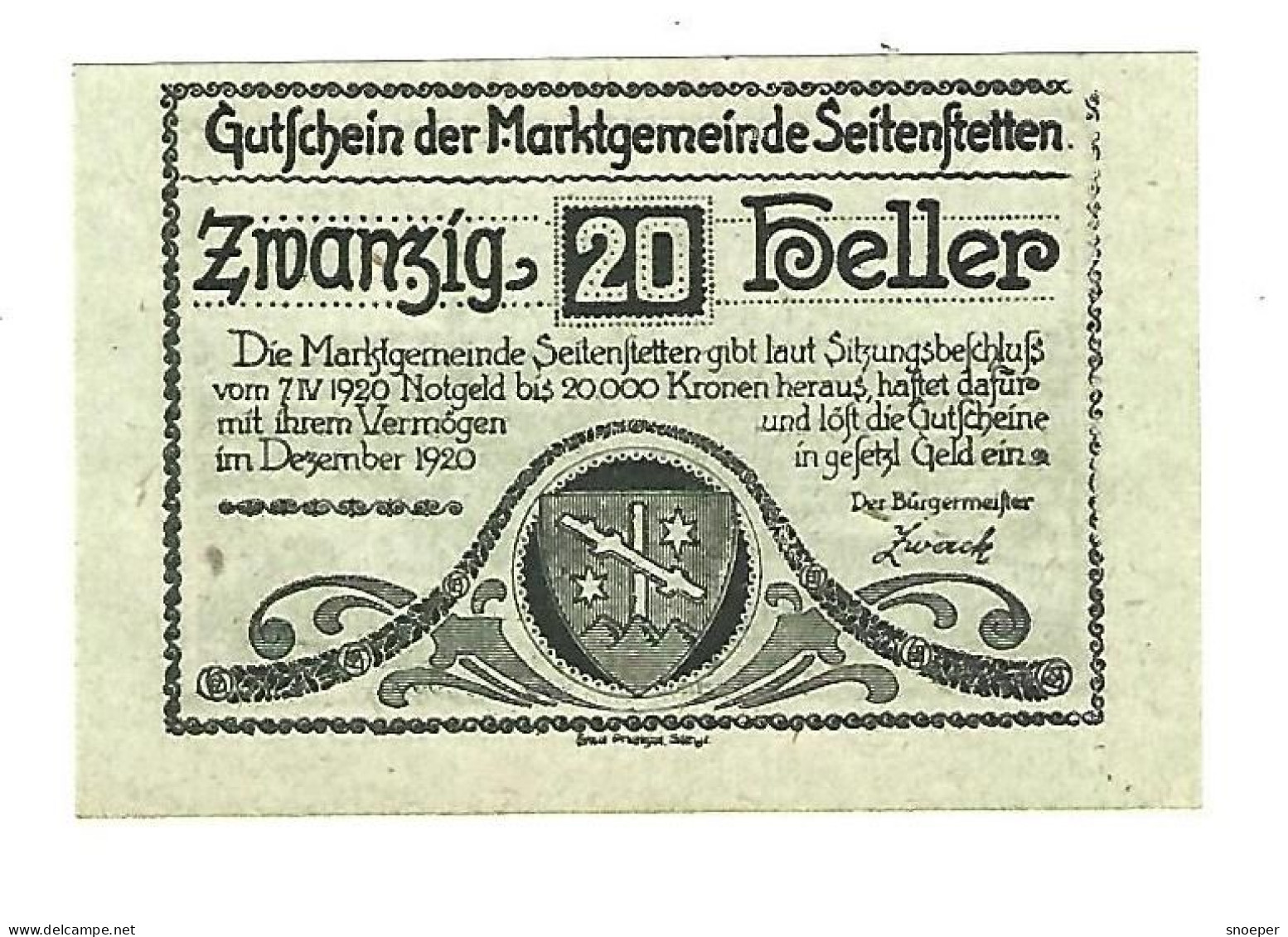 **notgeld   Austria Seitenstetten  20heller  990 Kein Unterdruck, Nicht Katalogisiert!!!!! - Oostenrijk