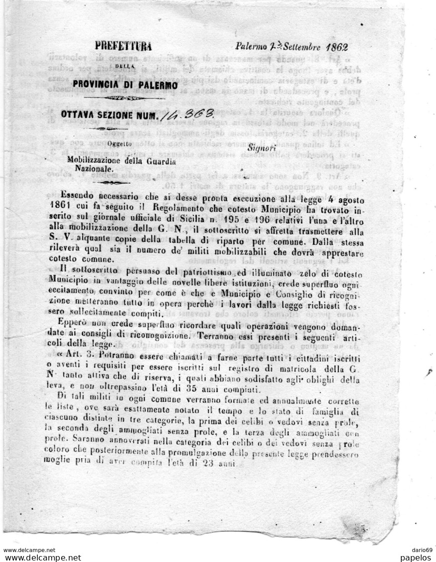 1862 PALERMO - MOBILIZZAZIONE  DELLA GUARDIA NAZIONALE - Documents Historiques