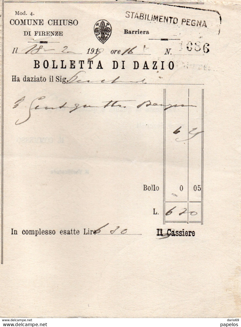 1919 CHIUSO DI FIRENZE - BOLLETTA DI DAZIO - Italië