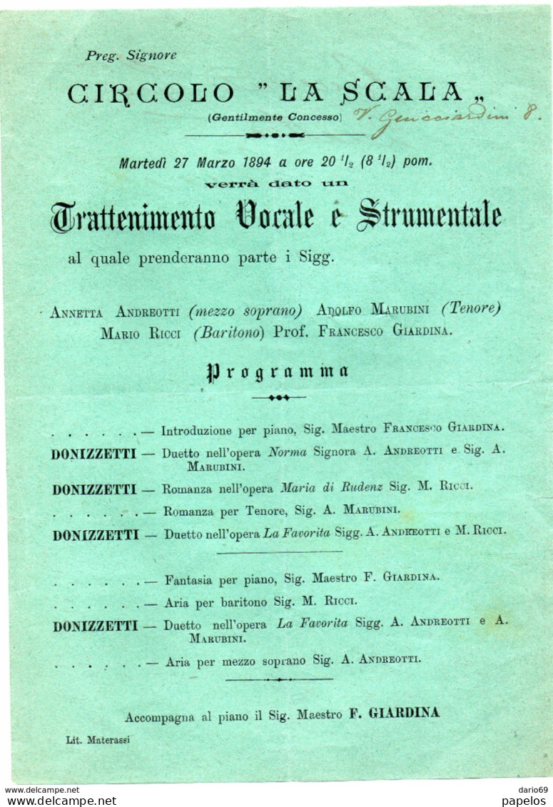 1894 PROGRAMMA CIRCOLO LA SCALA - Programmi