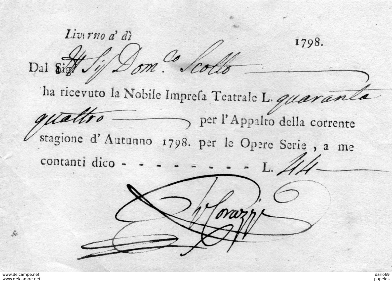 1798  LIVORNO RICEVUTA APPALTO TEATRALE - Italië