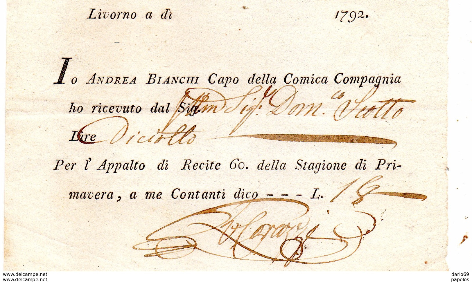 1792  LIVORNO RICEVUTA ANDREA BIANCHI CAPO DELLA COMICA COMPAGNIA - APPALTO TEATRALE - Italien