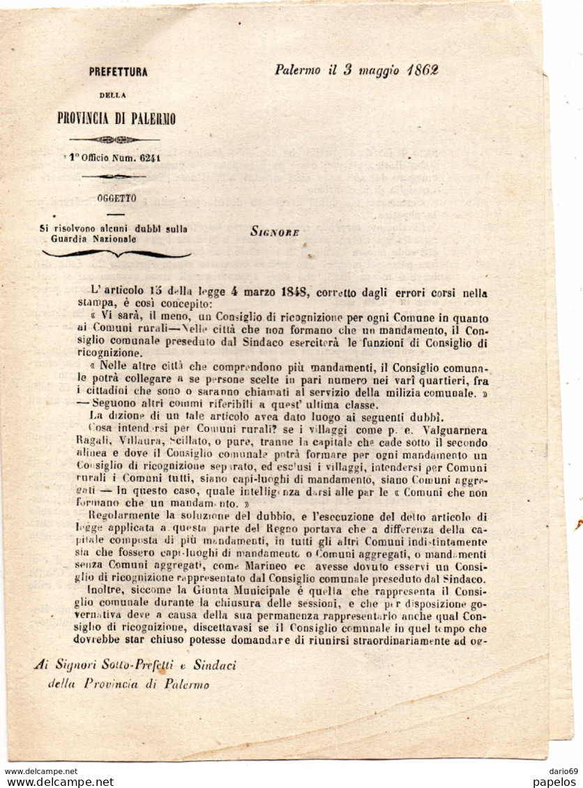 1862 PALERMO - DUBBI SULLA GUARDIA NAZIONALE - Documentos Históricos