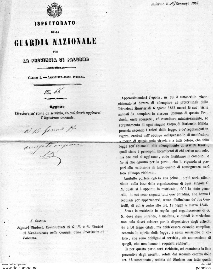 1865 PALERMO ISPETTORATO DELLA GUARDIA NAZIONALE - Documents Historiques