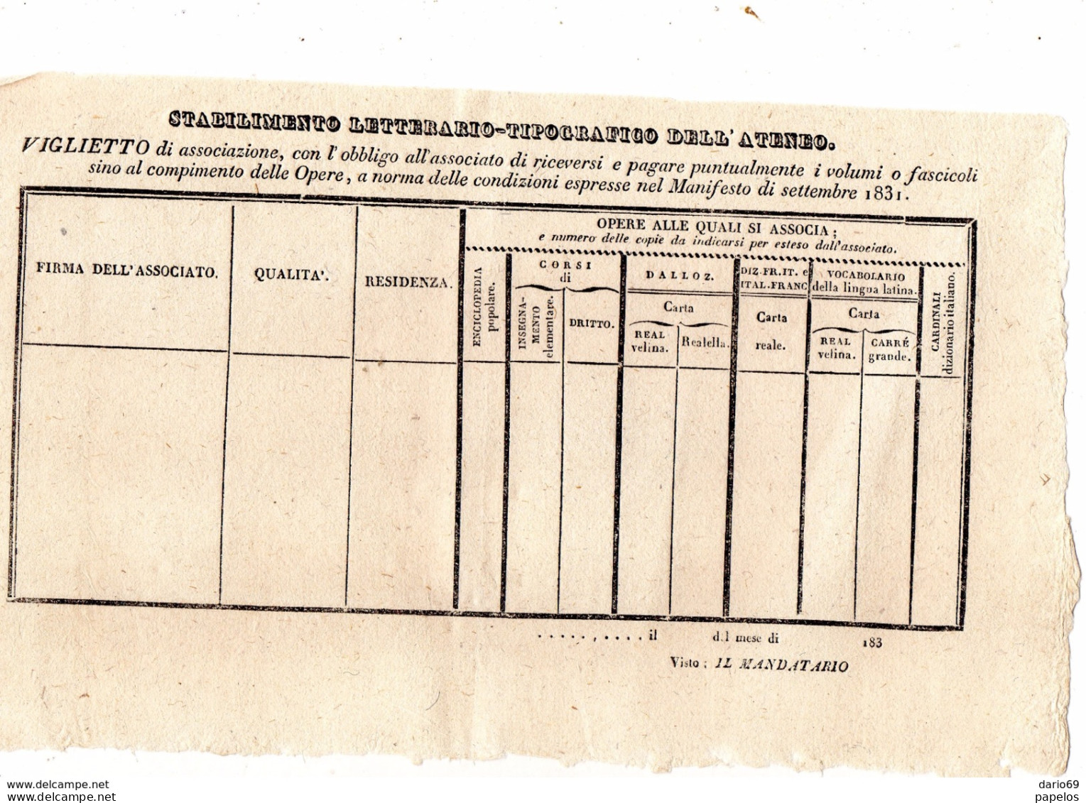 1831 STABILIMENTO LETTERARIO TIPOGRAFICO DELL'ATENEO - Historische Dokumente