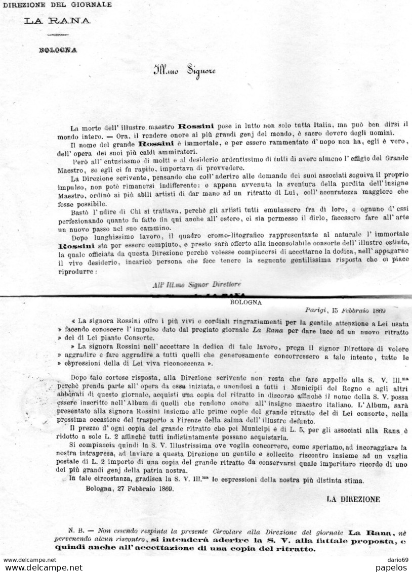 1869 LETTERA INTESTATA GIORNALE LA RANA BOLOGNA CON ANNULLO MODENA -  TRIBUTO AL MAESTRO ROSSINI - Marcofilía