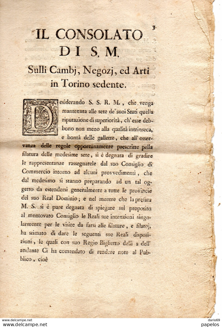 1783  MANIFESTO DEL CONSOLATO DI TORINO PROVVEDIMENTI PER ASSICURARE LA BONTÀ DELLA SETA - Plakate