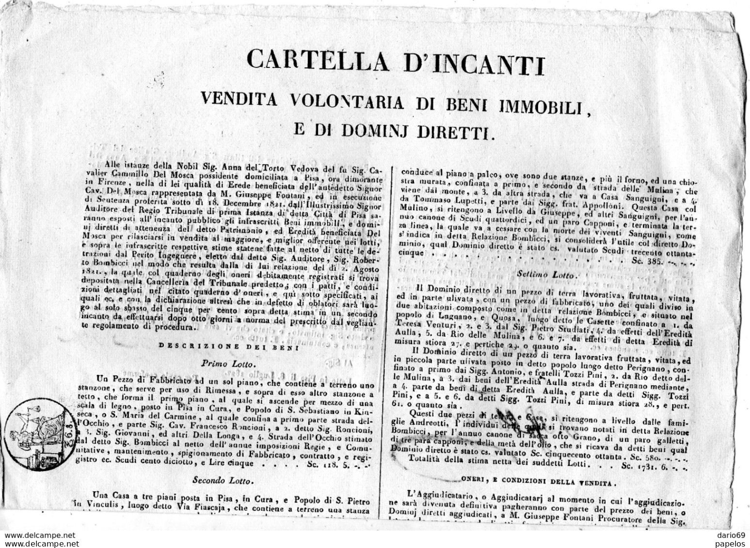 1822 MANIFESTO - TRIBUNALE DI PISA - VENDITA VOLONTARIA DI BENI IMMOBILI - Afiches