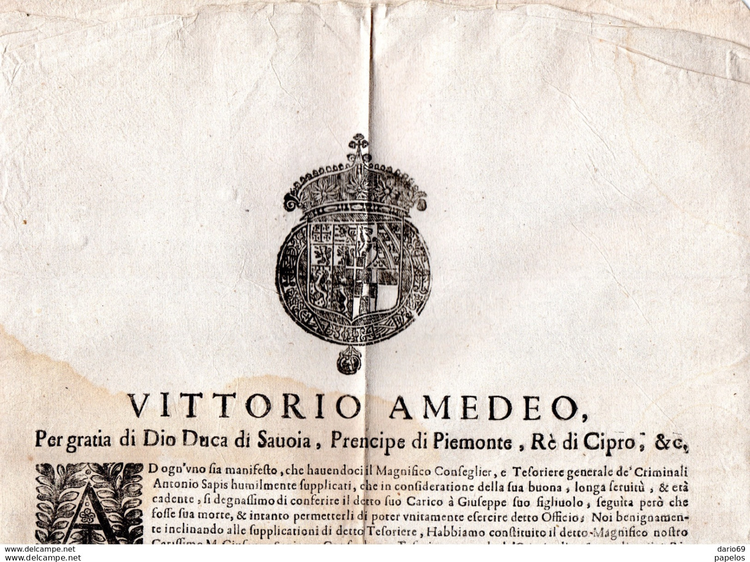 1677 MANIFESTO VITTORIO AMEDEO - Manifesti