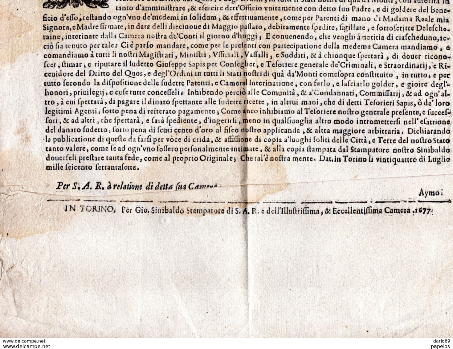 1677 MANIFESTO VITTORIO AMEDEO - Plakate