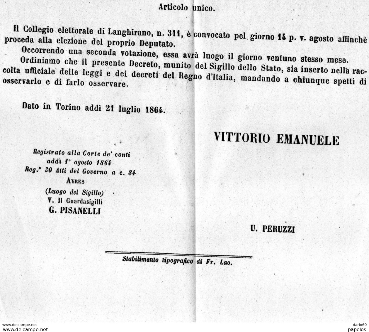 1864 REGIO DECRETO VITTORIO EMANUELE II - Decrees & Laws