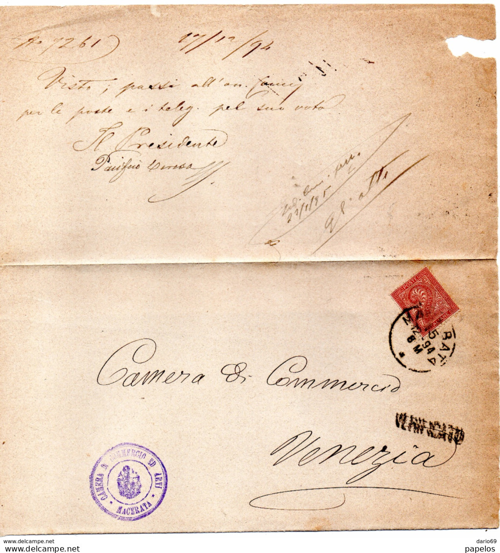 1894   LETTERA CON ANNULLO MACERATA  + VERIFICATO - Marcofilie