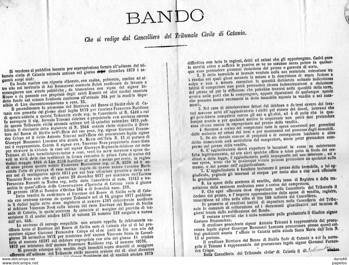 1879 CATANIA - BANDO CHE SI REDIGE DAL CANCELLIERE DEL TRIBUNALE CIVILE - Historische Dokumente