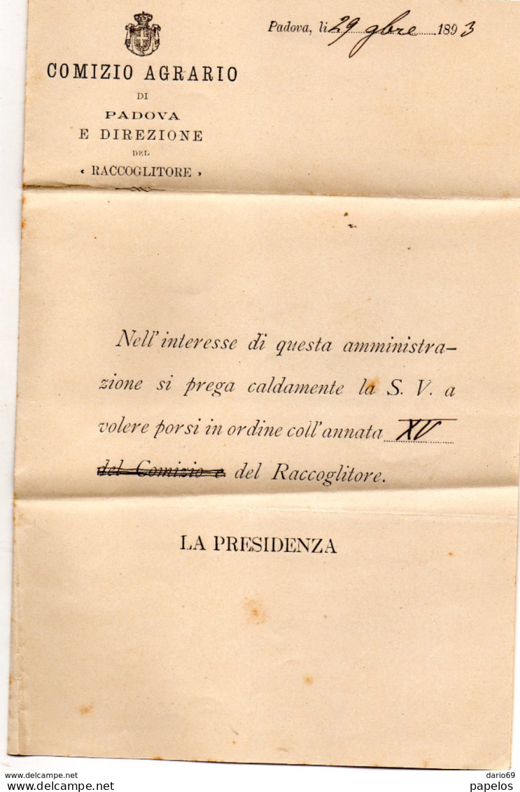 1893 LETTERA CON ANNULLO PADOVA - Marcofilía